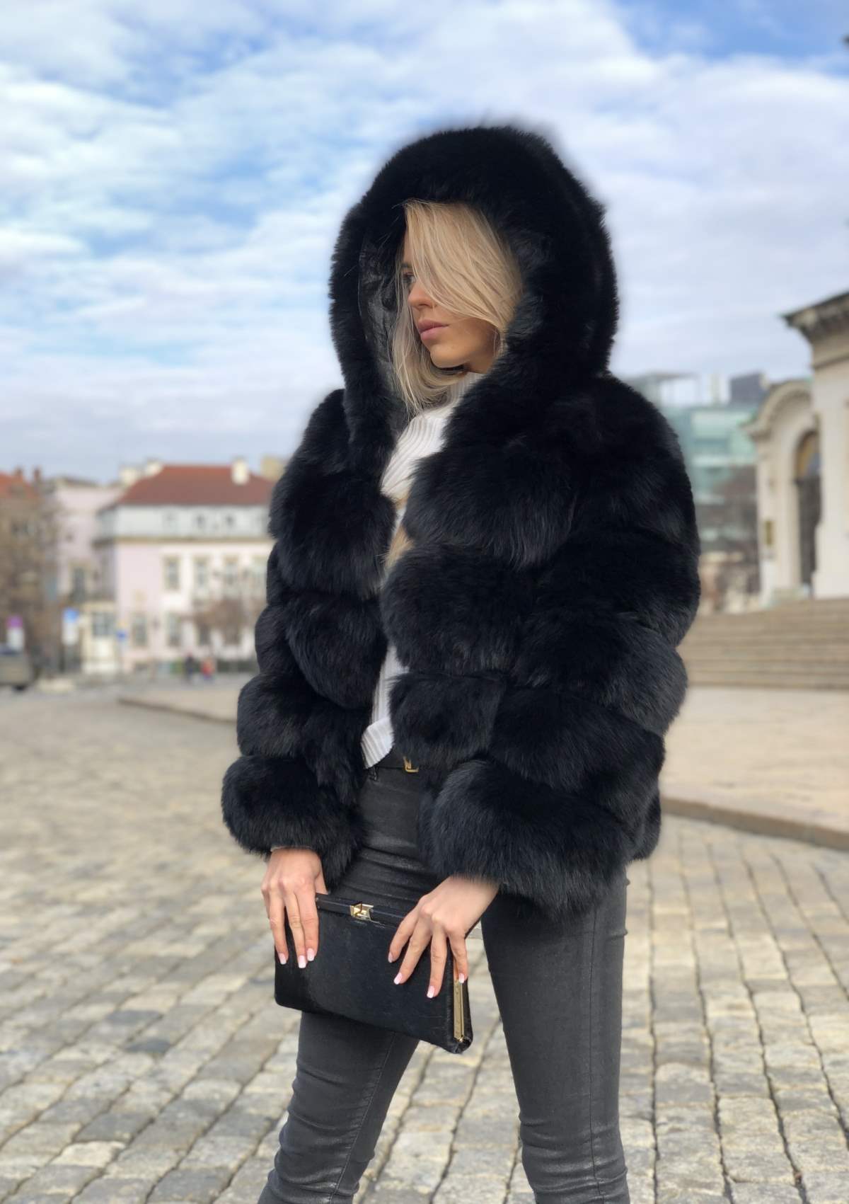 buy black  luxury fox fur coat pelzjacke kaufen schwarz echtpelz