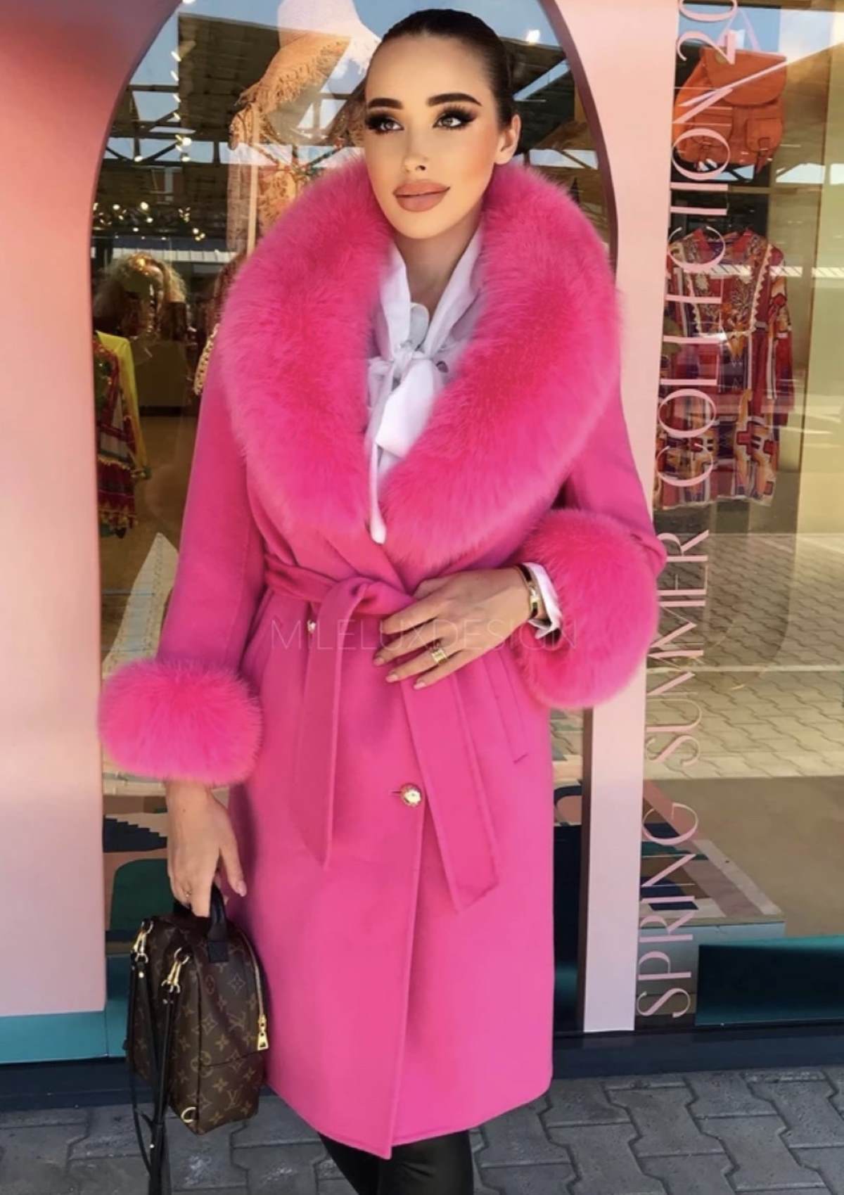 buy luxury wool coat hot pink fox fur collar mantel rosa kaufen fuchspelz kragen